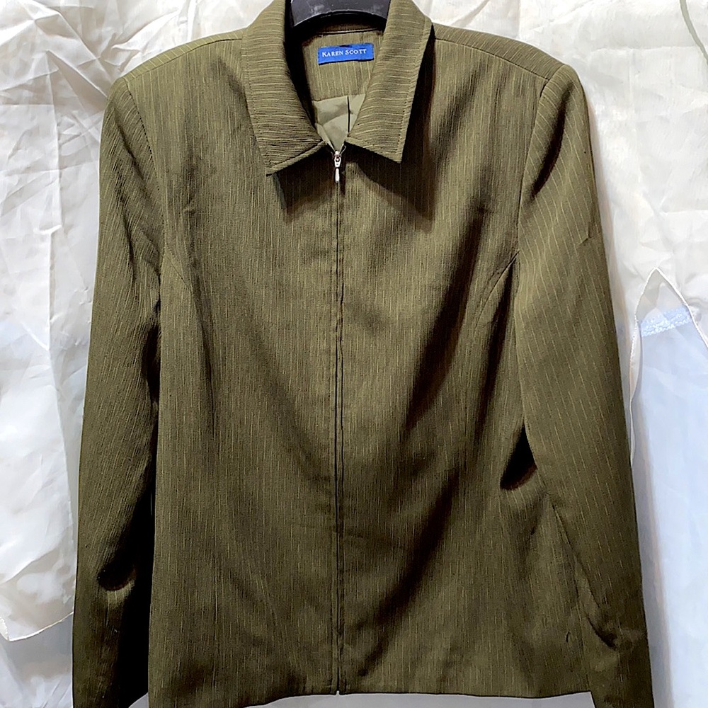KAREN SCOTT OLIVE GREEN PINSTRIPE SUIT BLAZER SZ 16